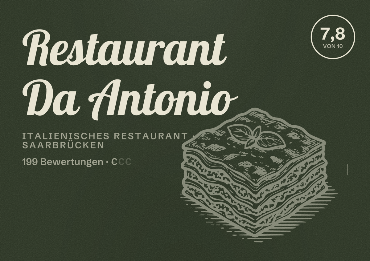 Illustriertes Poster von Restaurant Da Antonio, Italienisches Restaurant in Saarbrücken: Bewertung 7,8 von 10 aus 199 Bewertungen, Preisniveau €
