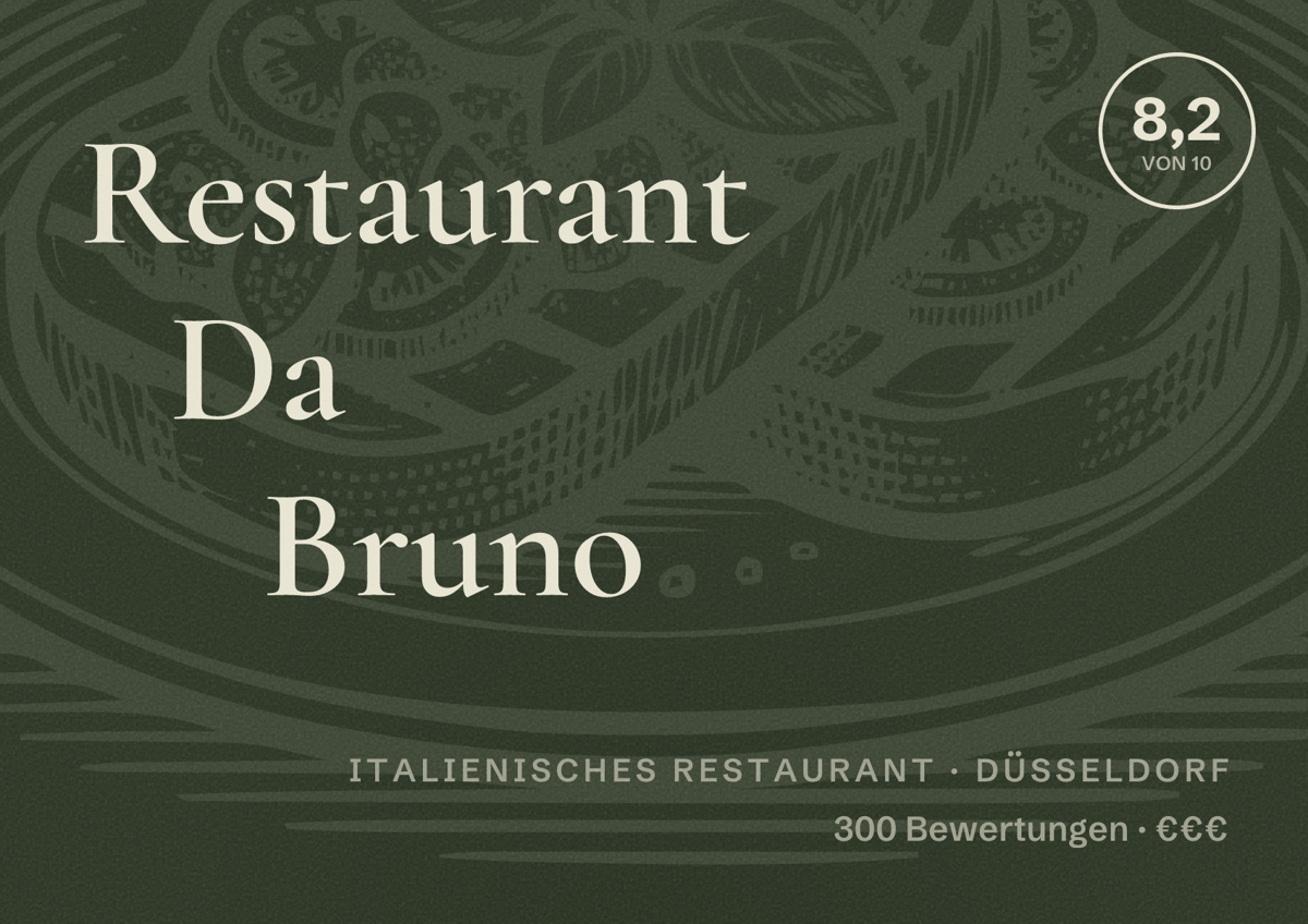Illustriertes Poster von Restaurant Da Bruno, Italienisches Restaurant in Düsseldorf: Bewertung 8,2 von 10 aus 300 Bewertungen, Preisniveau €€€