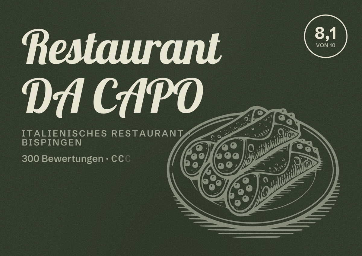 Illustriertes Poster von Restaurant DA CAPO, Italienisches Restaurant in Bispingen: Bewertung 8,1 von 10 aus 300 Bewertungen, Preisniveau €€