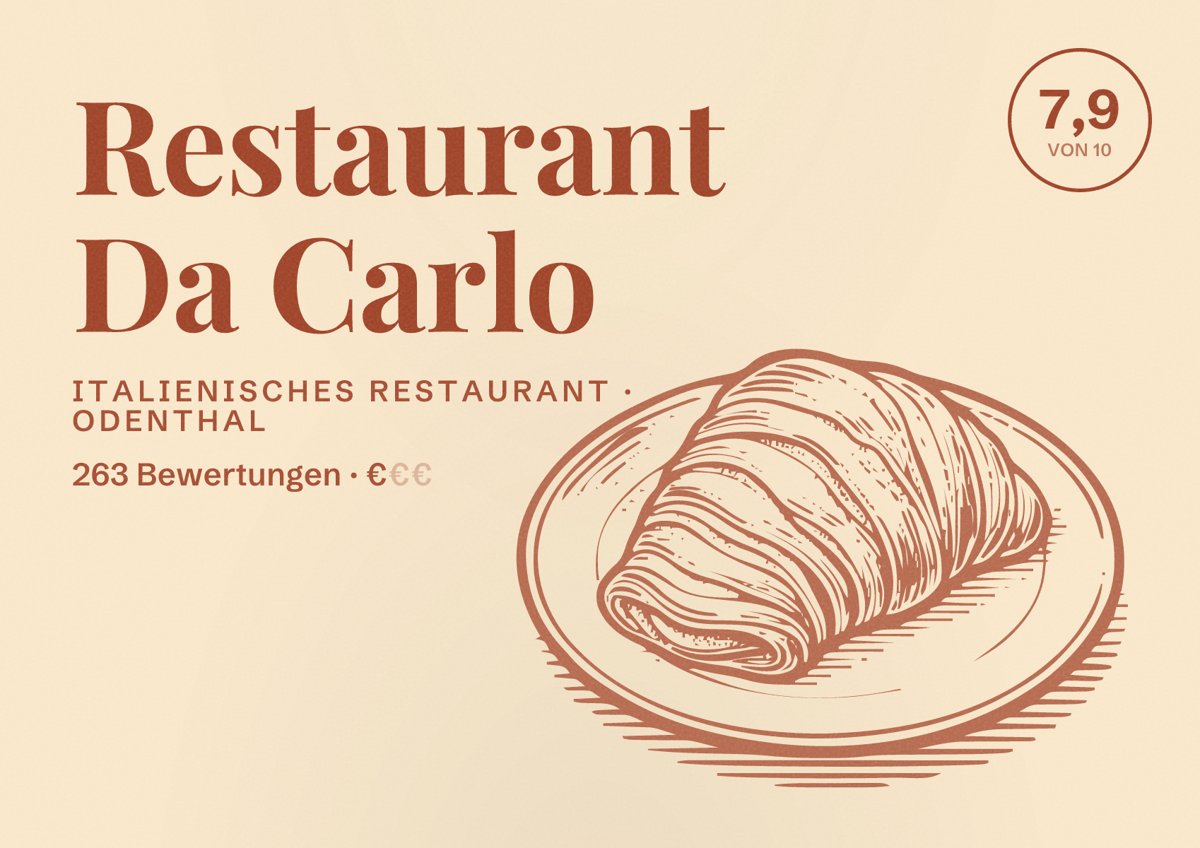 Illustriertes Poster von Restaurant Da Carlo, Italienisches Restaurant in Odenthal: Bewertung 7,9 von 10 aus 263 Bewertungen, Preisniveau €