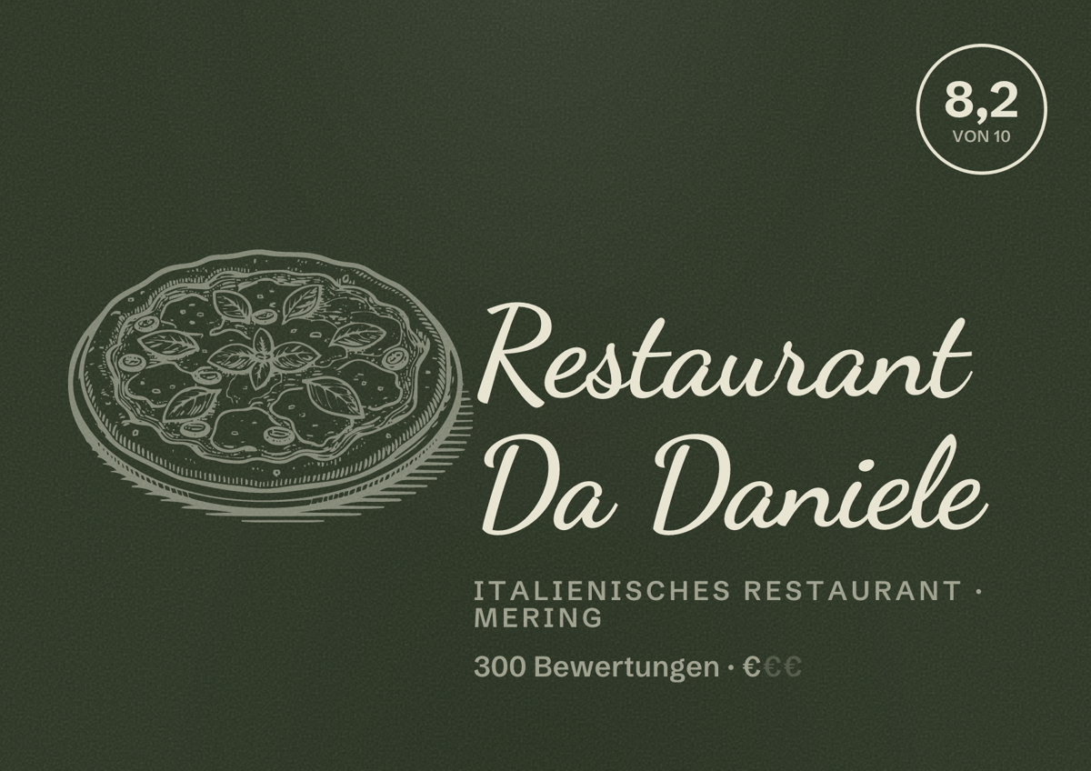 Illustriertes Poster von Restaurant Da Daniele, Italienisches Restaurant in Mering: Bewertung 8,2 von 10 aus 300 Bewertungen, Preisniveau €