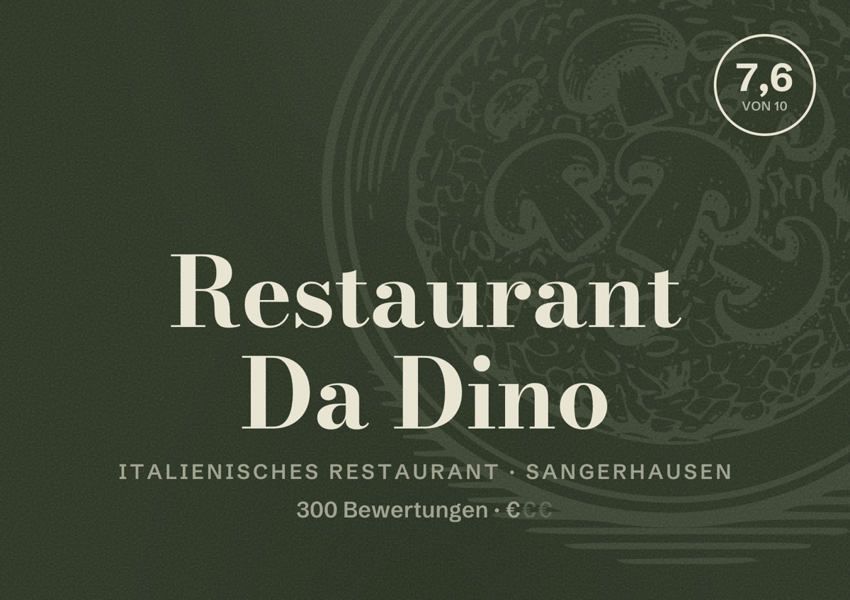 Illustriertes Poster von Restaurant Da Dino, Italienisches Restaurant in Sangerhausen: Bewertung 7,6 von 10 aus 300 Bewertungen, Preisniveau €