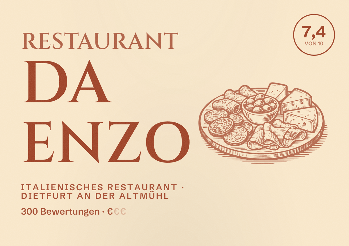 Illustriertes Poster von Restaurant Da Enzo, Italienisches Restaurant in Dietfurt an der Altmühl: Bewertung 7,4 von 10 aus 300 Bewertungen, Preisniveau €