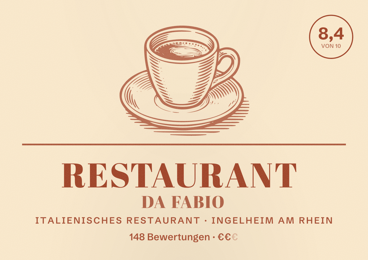 Illustriertes Poster von Restaurant Da Fabio, Italienisches Restaurant in Ingelheim am Rhein: Bewertung 8,4 von 10 aus 148 Bewertungen, Preisniveau €€