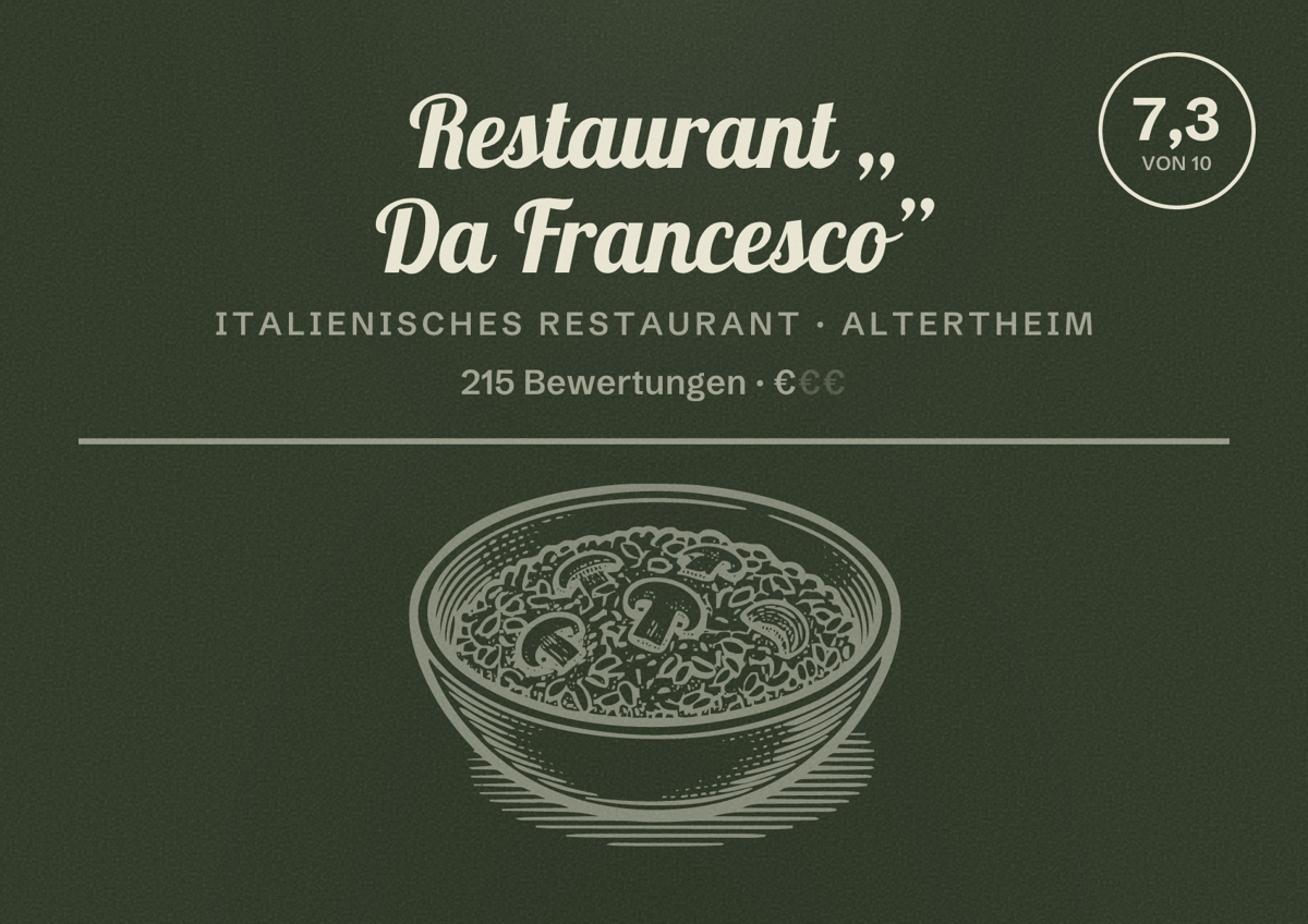 Illustriertes Poster von Restaurant ,, Da Francesco”, Italienisches Restaurant in Altertheim: Bewertung 7,3 von 10 aus 215 Bewertungen, Preisniveau €