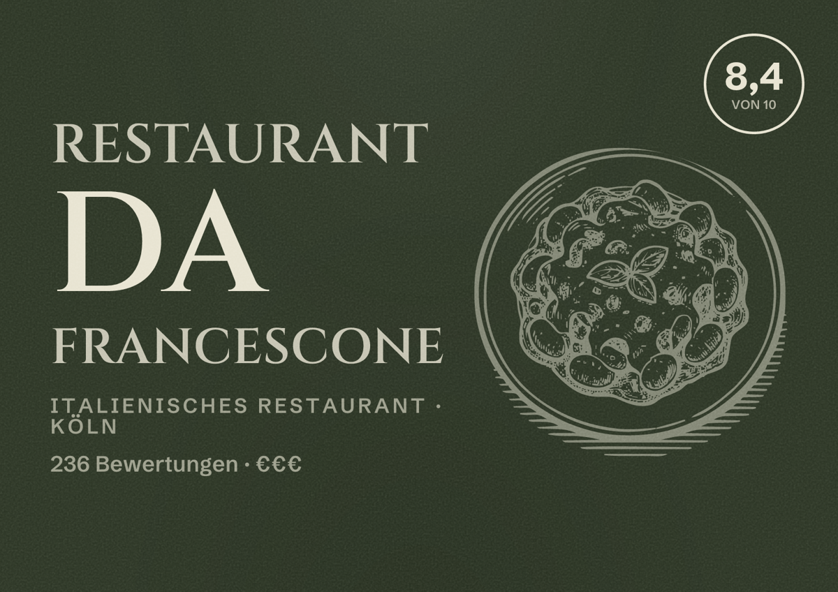 Illustriertes Poster von Restaurant Da Francescone, Italienisches Restaurant in Köln: Bewertung 8,4 von 10 aus 236 Bewertungen, Preisniveau €€€