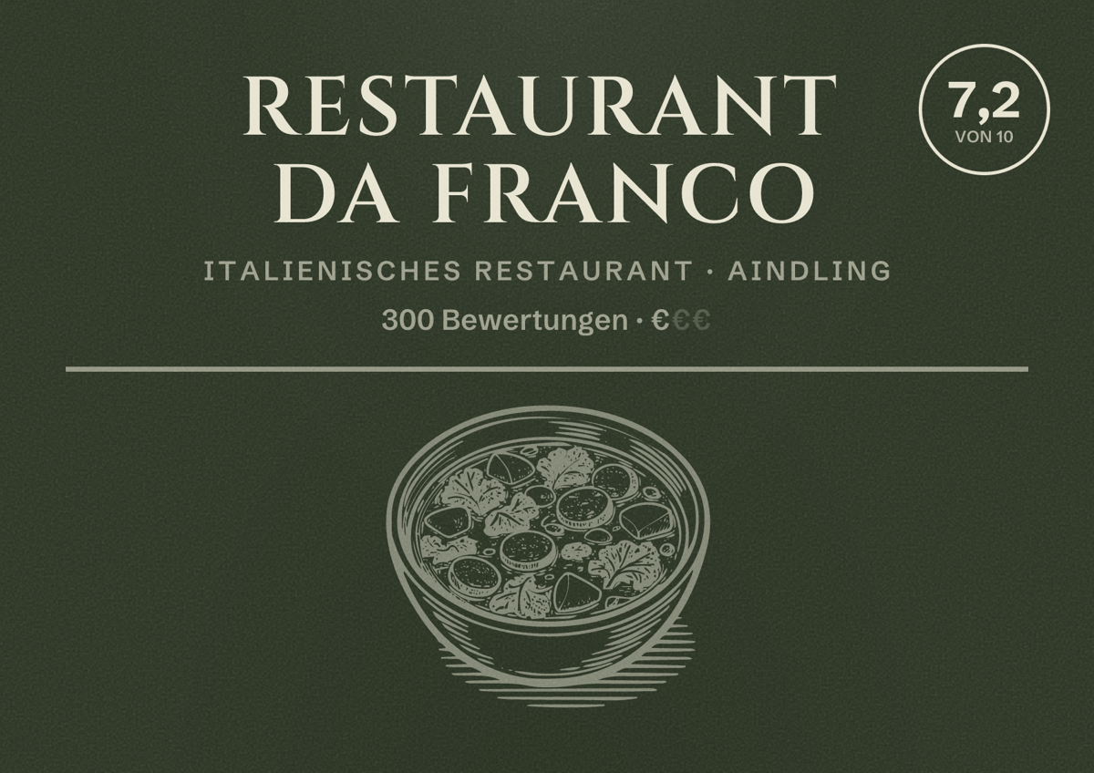 Illustriertes Poster von Restaurant Da Franco, Italienisches Restaurant in Aindling: Bewertung 7,2 von 10 aus 300 Bewertungen, Preisniveau €
