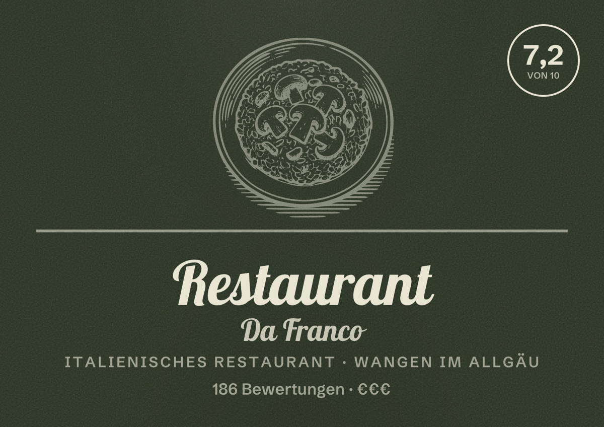 Illustriertes Poster von Restaurant Da Franco, Italienisches Restaurant in Wangen im Allgäu: Bewertung 7,2 von 10 aus 186 Bewertungen, Preisniveau €€€