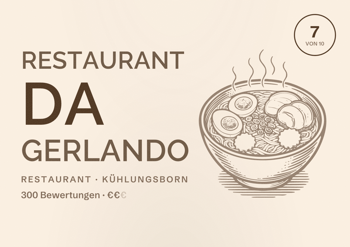 Illustriertes Poster von Restaurant Da Gerlando, Restaurant in Kühlungsborn: Bewertung 7 von 10 aus 300 Bewertungen, Preisniveau €€