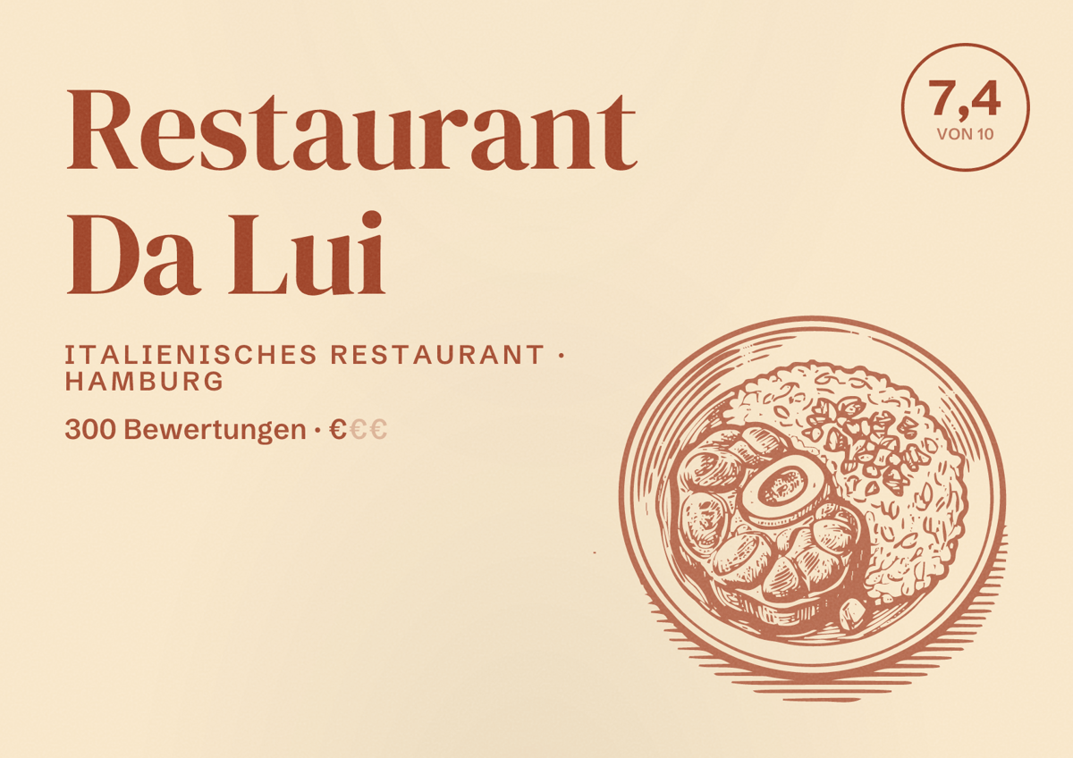 Illustriertes Poster von Restaurant Da Lui, Italienisches Restaurant in Hamburg: Bewertung 7,4 von 10 aus 300 Bewertungen, Preisniveau €