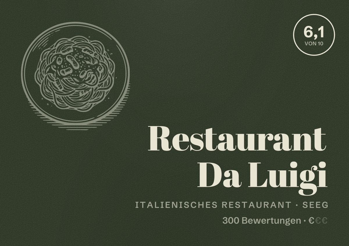 Illustriertes Poster von Restaurant Da Luigi, Italienisches Restaurant in Seeg: Bewertung 6,1 von 10 aus 300 Bewertungen, Preisniveau €