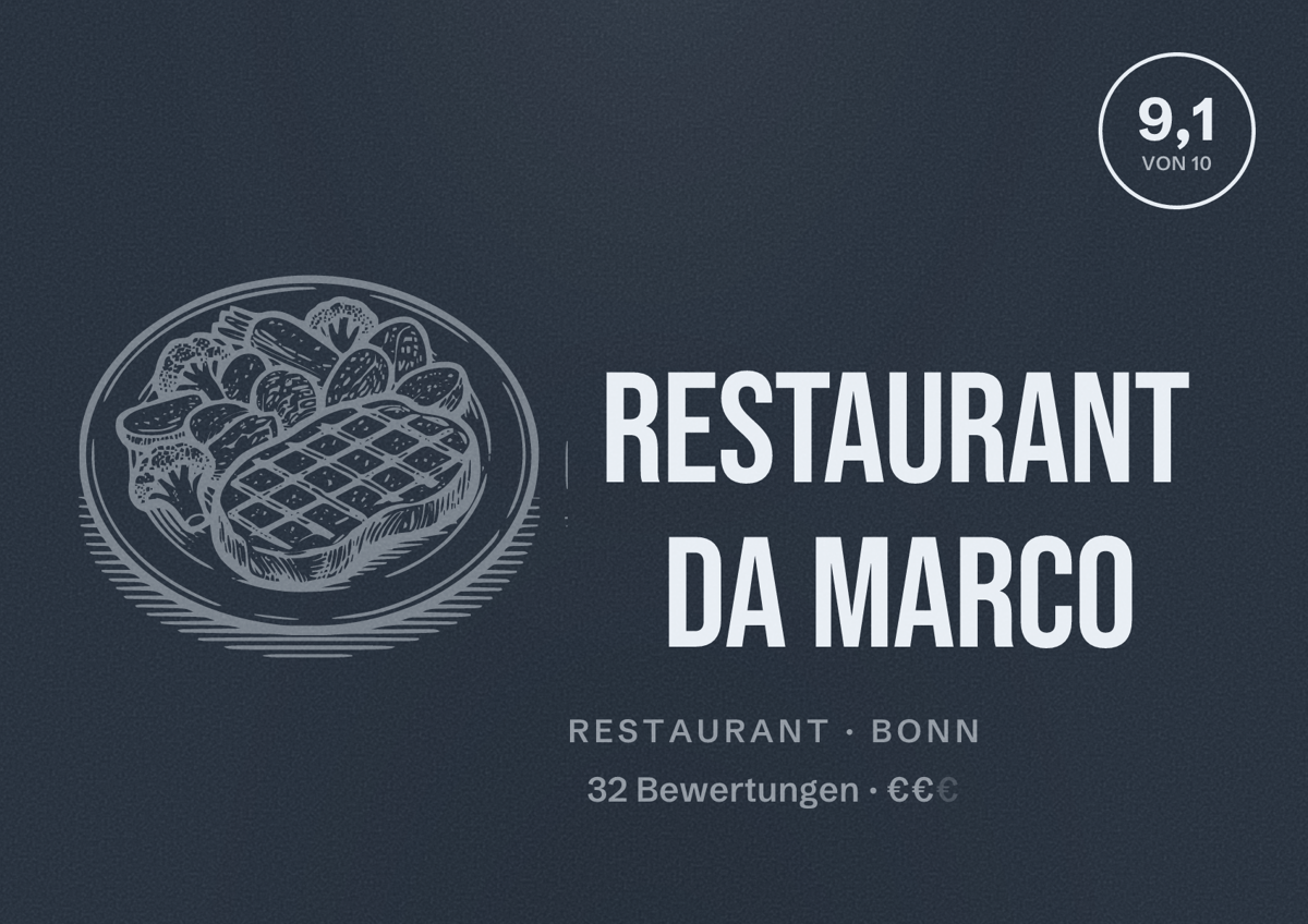 Illustriertes Poster von Restaurant Da Marco, Restaurant in Bonn: Bewertung 9,1 von 10 aus 32 Bewertungen, Preisniveau €€