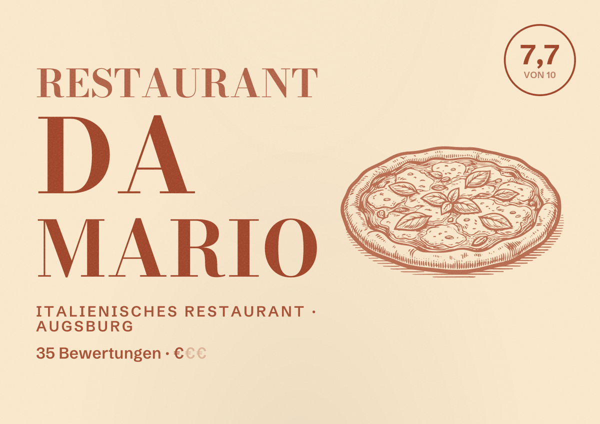 Illustriertes Poster von Restaurant Da Mario, Italienisches Restaurant in Augsburg: Bewertung 7,7 von 10 aus 35 Bewertungen, Preisniveau €