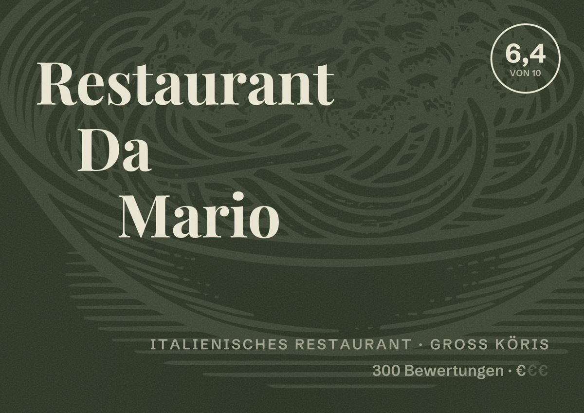 Illustriertes Poster von Restaurant Da Mario, Italienisches Restaurant in Groß Köris: Bewertung 6,4 von 10 aus 300 Bewertungen, Preisniveau €