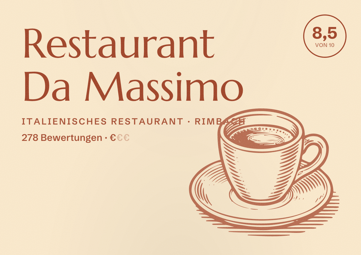 Illustriertes Poster von Restaurant Da Massimo, Italienisches Restaurant in Rimbach: Bewertung 8,5 von 10 aus 278 Bewertungen, Preisniveau €