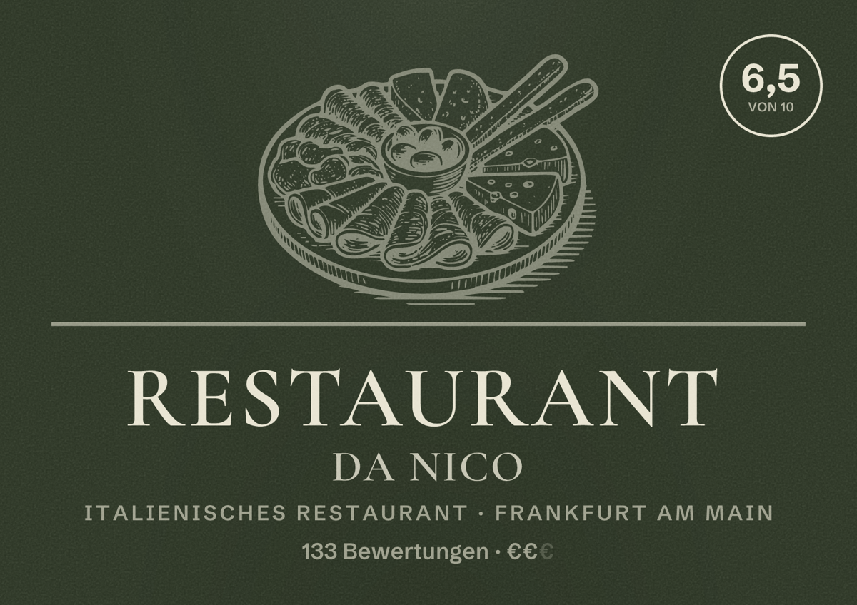 Illustriertes Poster von Restaurant Da Nico, Italienisches Restaurant in Frankfurt am Main: Bewertung 6,5 von 10 aus 133 Bewertungen, Preisniveau €€