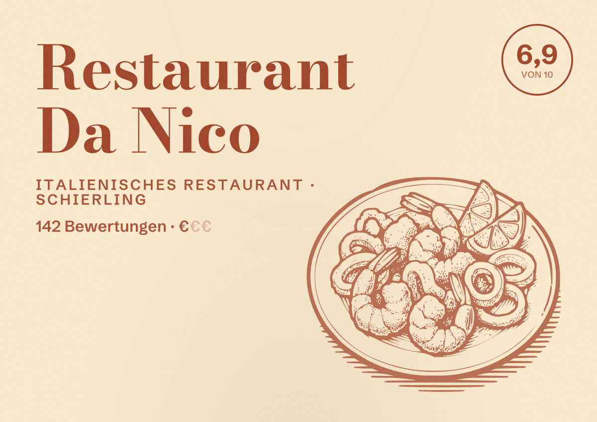 Illustriertes Poster von Restaurant Da Nico, Italienisches Restaurant in Schierling: Bewertung 6,9 von 10 aus 142 Bewertungen, Preisniveau €