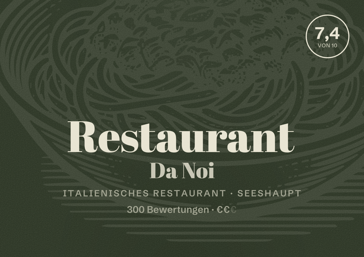 Illustriertes Poster von Restaurant Da Noi, Italienisches Restaurant in Seeshaupt: Bewertung 7,4 von 10 aus 300 Bewertungen, Preisniveau €€