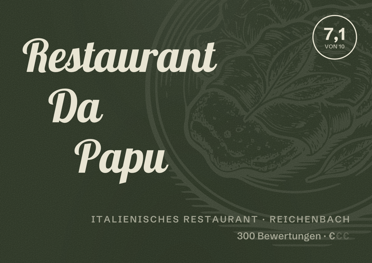 Illustriertes Poster von Restaurant Da Papu, Italienisches Restaurant in Reichenbach: Bewertung 7,1 von 10 aus 300 Bewertungen, Preisniveau €