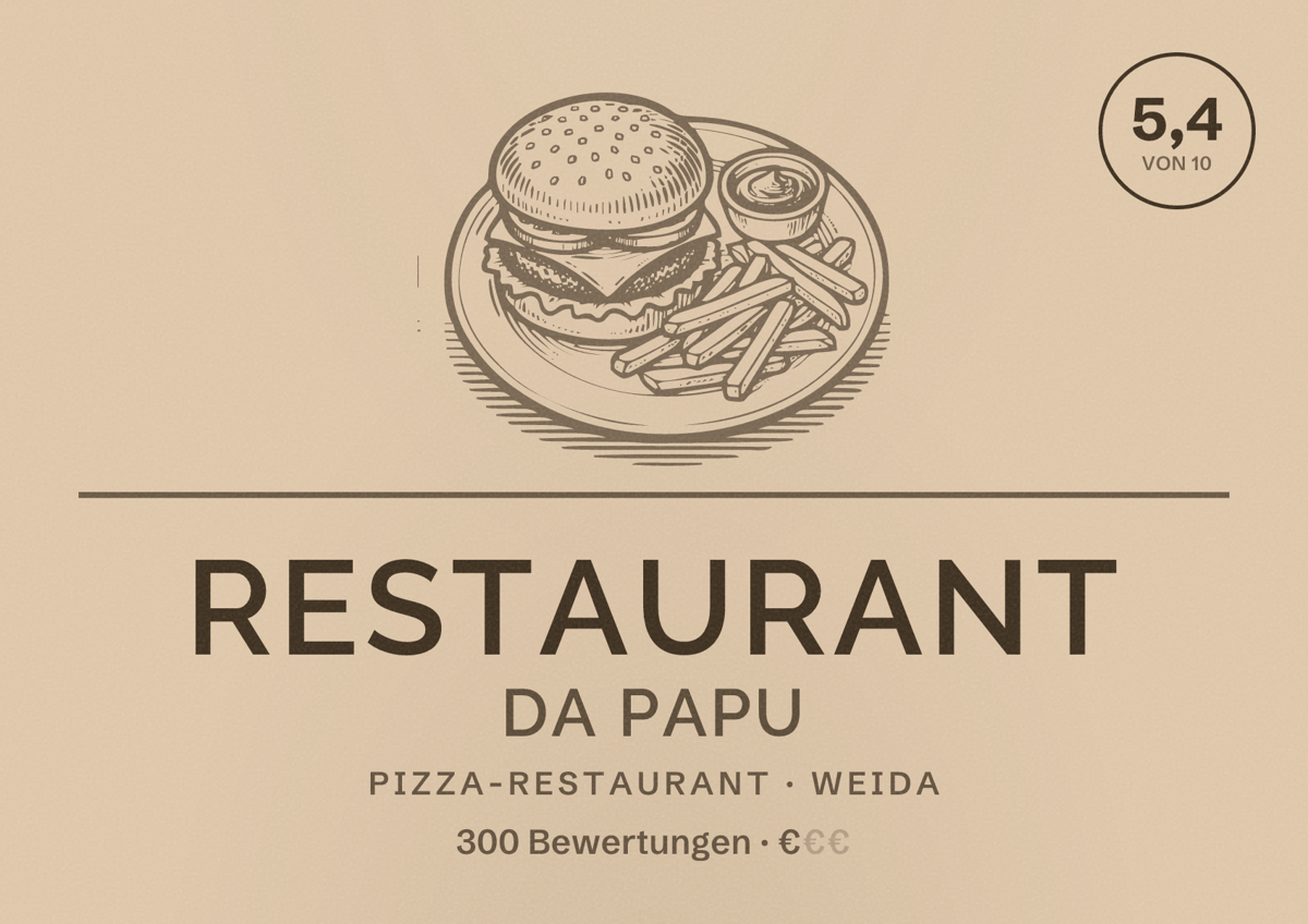 Illustriertes Poster von Restaurant Da Papu, Pizza-Restaurant in Weida: Bewertung 5,4 von 10 aus 300 Bewertungen, Preisniveau €
