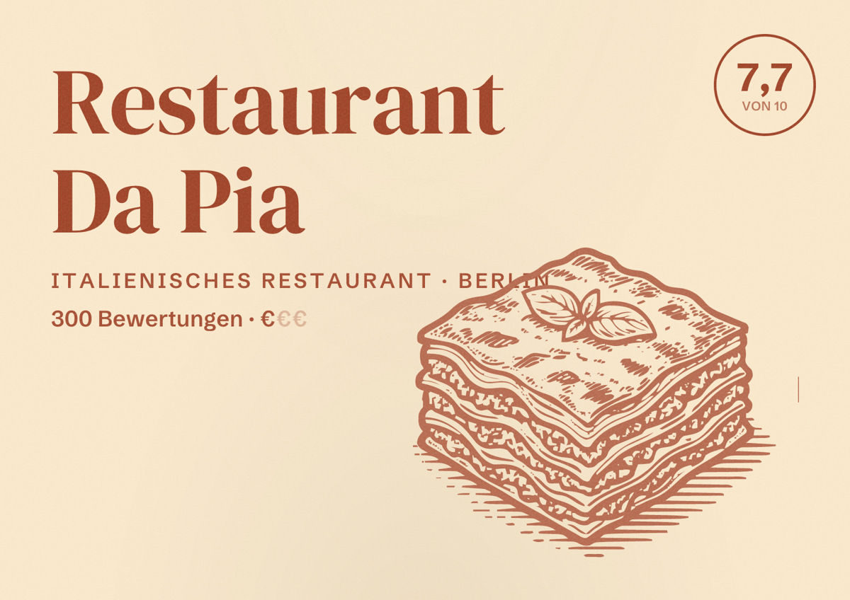 Illustriertes Poster von Restaurant Da Pia, Italienisches Restaurant in Berlin: Bewertung 7,7 von 10 aus 300 Bewertungen, Preisniveau €