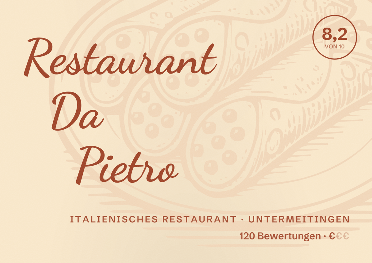 Illustriertes Poster von Restaurant Da Pietro, Italienisches Restaurant in Untermeitingen: Bewertung 8,2 von 10 aus 120 Bewertungen, Preisniveau €