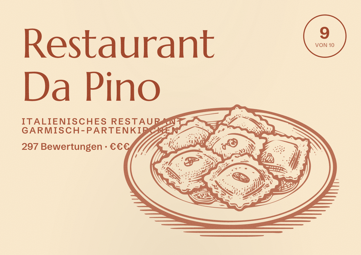 Illustriertes Poster von Restaurant Da Pino, Italienisches Restaurant in Garmisch-Partenkirchen: Bewertung 9 von 10 aus 297 Bewertungen, Preisniveau €€€