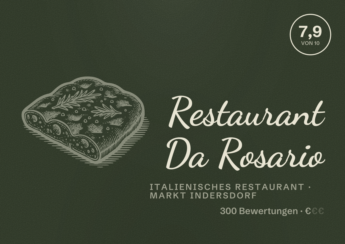 Illustriertes Poster von Restaurant Da Rosario, Italienisches Restaurant in Markt Indersdorf: Bewertung 7,9 von 10 aus 300 Bewertungen, Preisniveau €