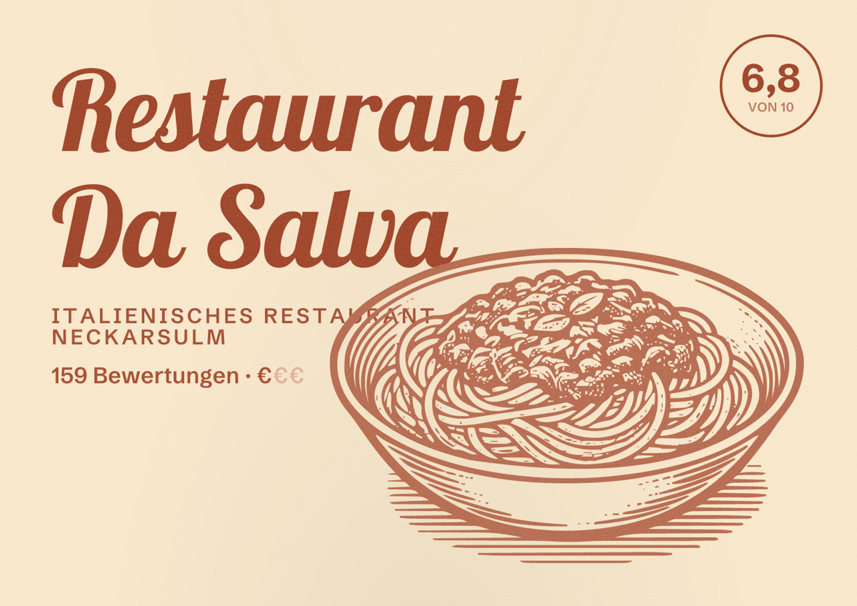 Illustriertes Poster von Restaurant Da Salva, Italienisches Restaurant in Neckarsulm: Bewertung 6,8 von 10 aus 159 Bewertungen, Preisniveau €