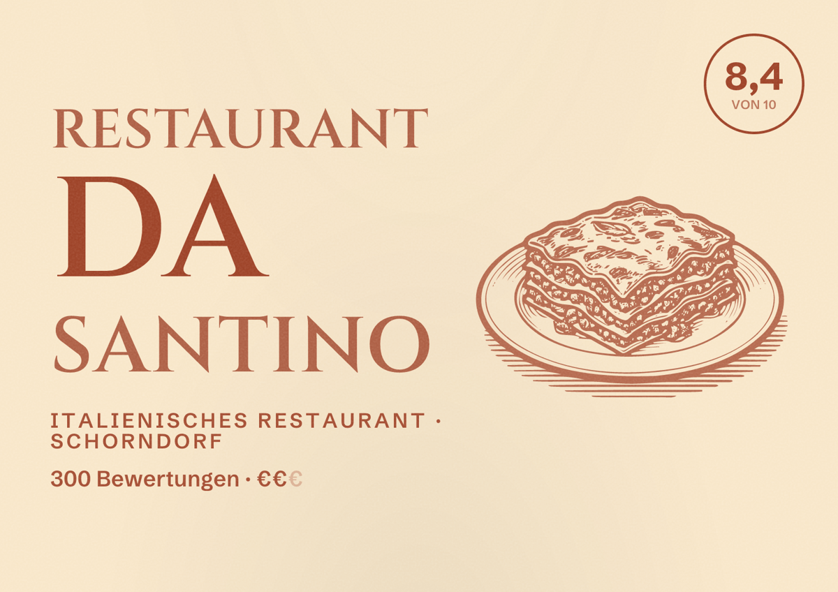 Illustriertes Poster von Restaurant Da Santino, Italienisches Restaurant in Schorndorf: Bewertung 8,4 von 10 aus 300 Bewertungen, Preisniveau €€