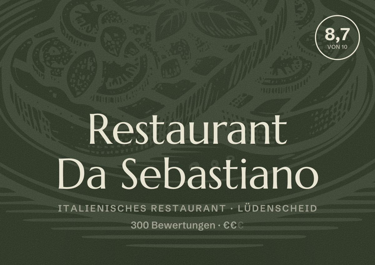 Illustriertes Poster von Restaurant Da Sebastiano, Italienisches Restaurant in Lüdenscheid: Bewertung 8,7 von 10 aus 300 Bewertungen, Preisniveau €€