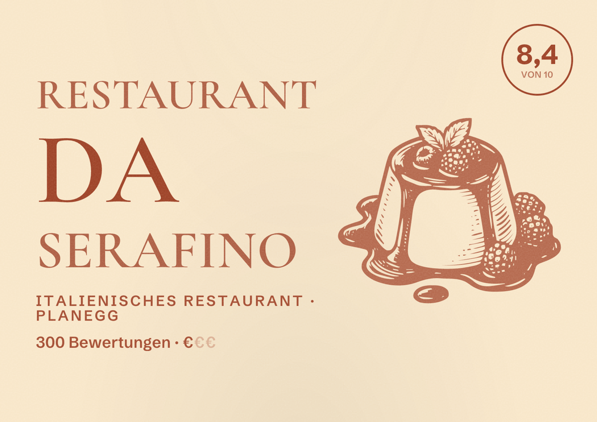 Illustriertes Poster von Restaurant Da Serafino, Italienisches Restaurant in Planegg: Bewertung 8,4 von 10 aus 300 Bewertungen, Preisniveau €