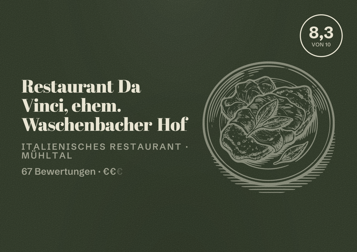Illustriertes Poster von Restaurant Da Vinci, ehem. Waschenbacher Hof, Italienisches Restaurant in Mühltal: Bewertung 8,3 von 10 aus 67 Bewertungen, Preisniveau €€