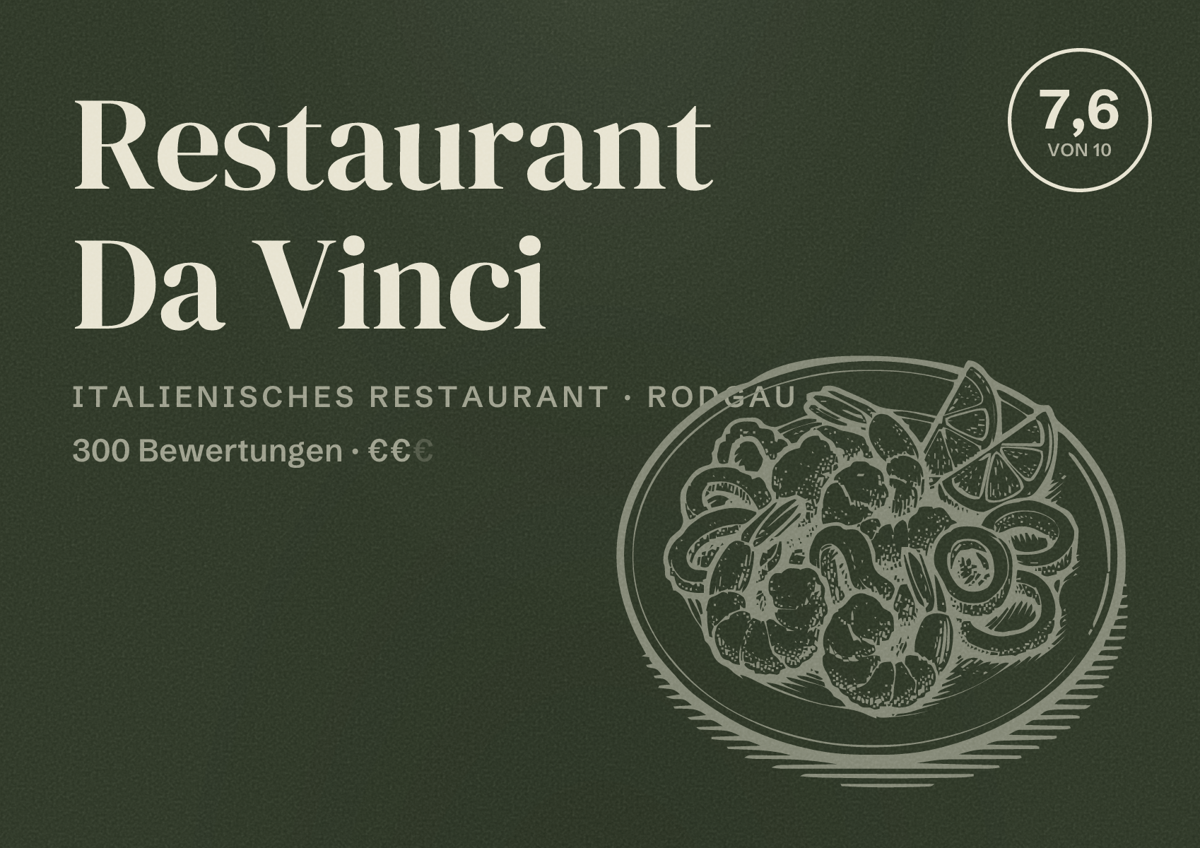 Illustriertes Poster von Restaurant Da Vinci, Italienisches Restaurant in Rodgau: Bewertung 7,6 von 10 aus 300 Bewertungen, Preisniveau €€