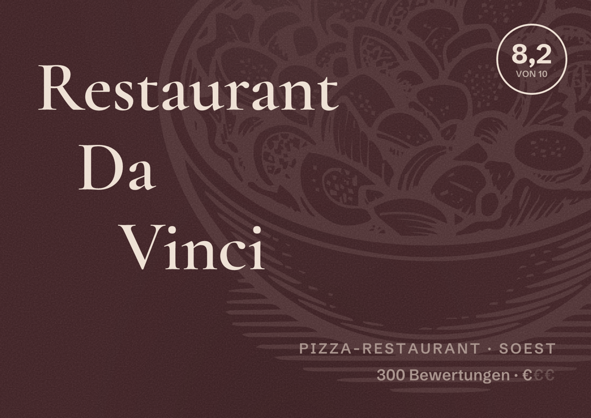 Illustriertes Poster von Restaurant Da Vinci, Pizza-Restaurant in Soest: Bewertung 8,2 von 10 aus 300 Bewertungen, Preisniveau €