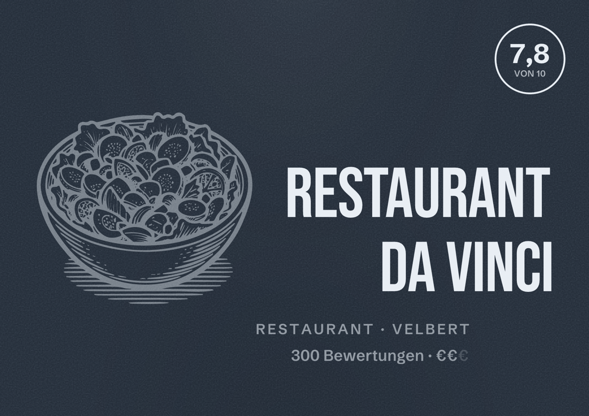 Illustriertes Poster von Restaurant Da Vinci, Restaurant in Velbert: Bewertung 7,8 von 10 aus 300 Bewertungen, Preisniveau €€