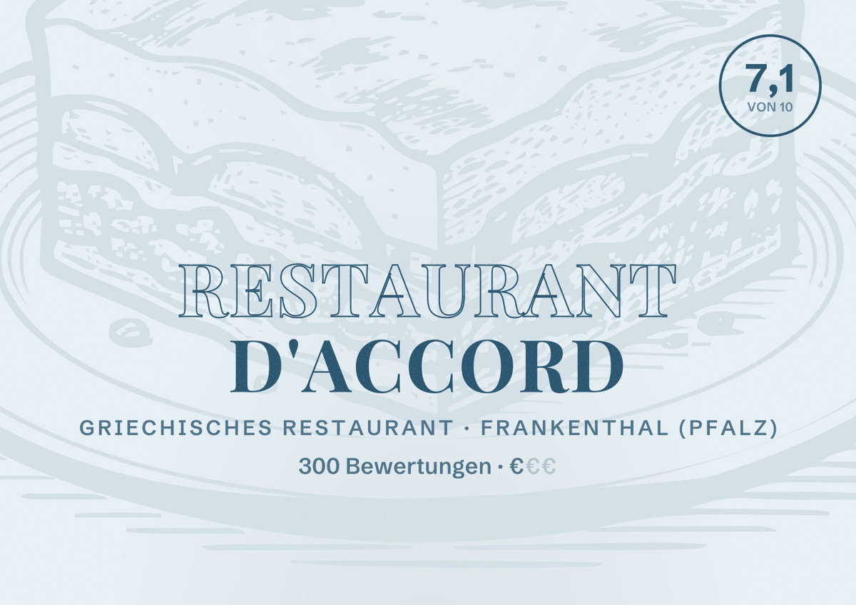 Illustriertes Poster von Restaurant d'accord, Griechisches Restaurant in Frankenthal (Pfalz): Bewertung 7,1 von 10 aus 300 Bewertungen, Preisniveau €