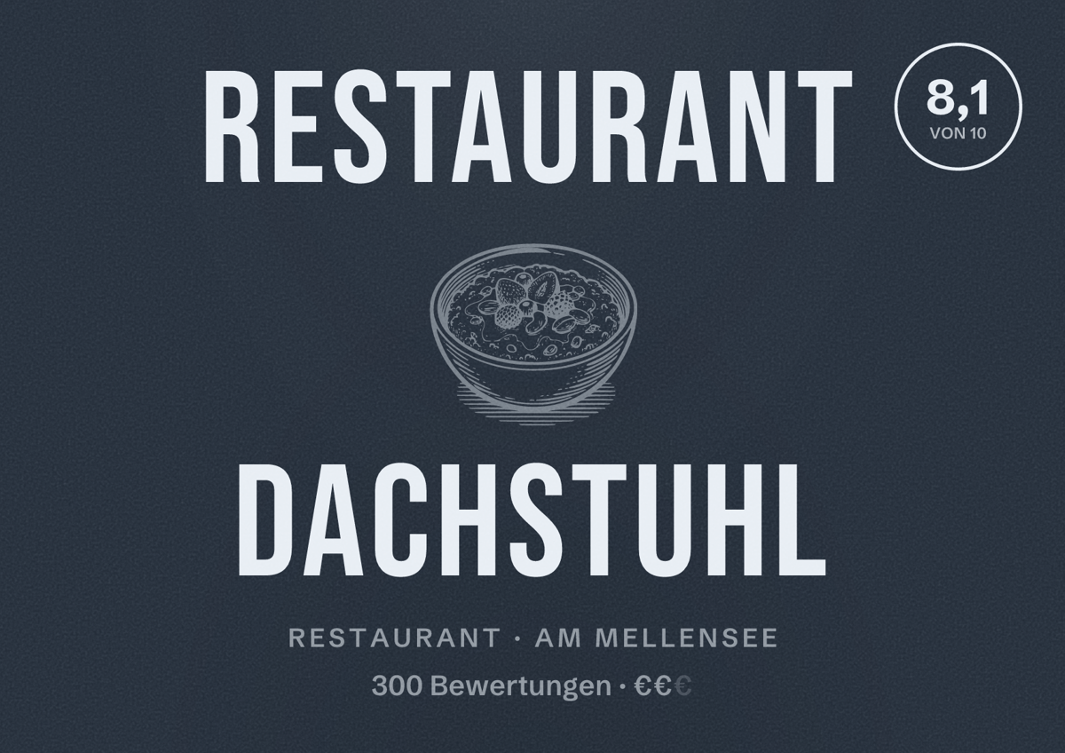 Illustriertes Poster von Restaurant Dachstuhl, Restaurant in Am Mellensee: Bewertung 8,1 von 10 aus 300 Bewertungen, Preisniveau €€