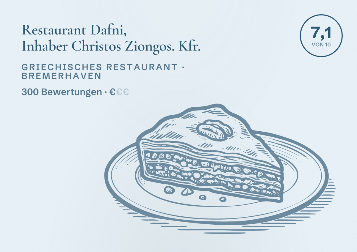Illustriertes Poster von Restaurant Dafni, Inhaber Christos Ziongos. Kfr., Griechisches Restaurant in Bremerhaven: Bewertung 7,1 von 10 aus 300 Bewertungen, Preisniveau €