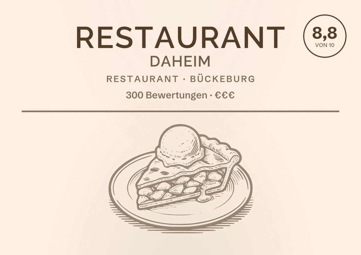 Illustriertes Poster von Restaurant Daheim, Restaurant in Bückeburg: Bewertung 8,8 von 10 aus 300 Bewertungen, Preisniveau €€€