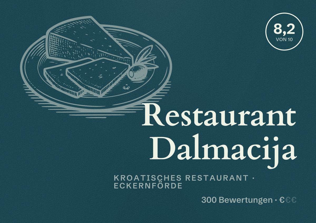 Illustriertes Poster von Restaurant Dalmacija, Kroatisches Restaurant in Eckernförde: Bewertung 8,2 von 10 aus 300 Bewertungen, Preisniveau €