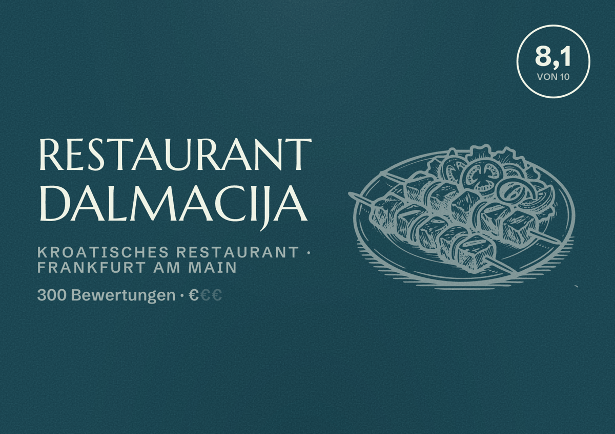 Illustriertes Poster von Restaurant Dalmacija, Kroatisches Restaurant in Frankfurt am Main: Bewertung 8,1 von 10 aus 300 Bewertungen, Preisniveau €