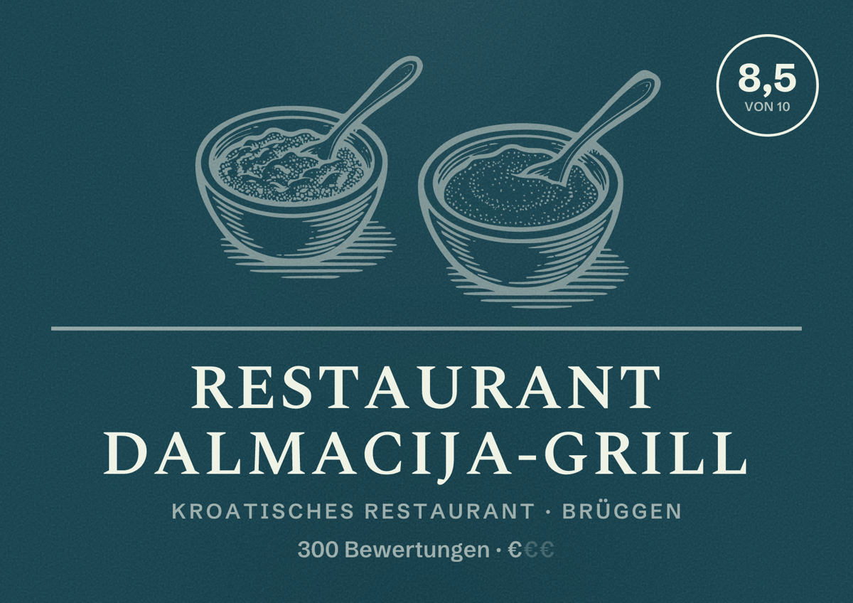 Illustriertes Poster von Restaurant Dalmacija-Grill, Kroatisches Restaurant in Brüggen: Bewertung 8,5 von 10 aus 300 Bewertungen, Preisniveau €