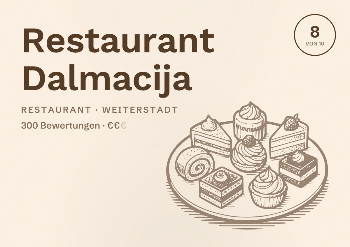 Illustriertes Poster von Restaurant Dalmacija, Restaurant in Weiterstadt: Bewertung 8 von 10 aus 300 Bewertungen, Preisniveau €€