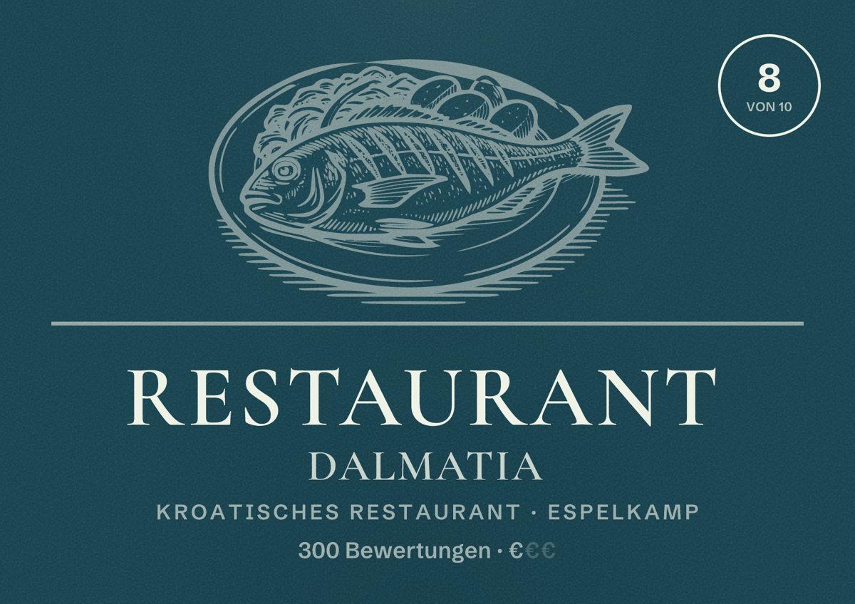 Illustriertes Poster von Restaurant Dalmatia, Kroatisches Restaurant in Espelkamp: Bewertung 8 von 10 aus 300 Bewertungen, Preisniveau €