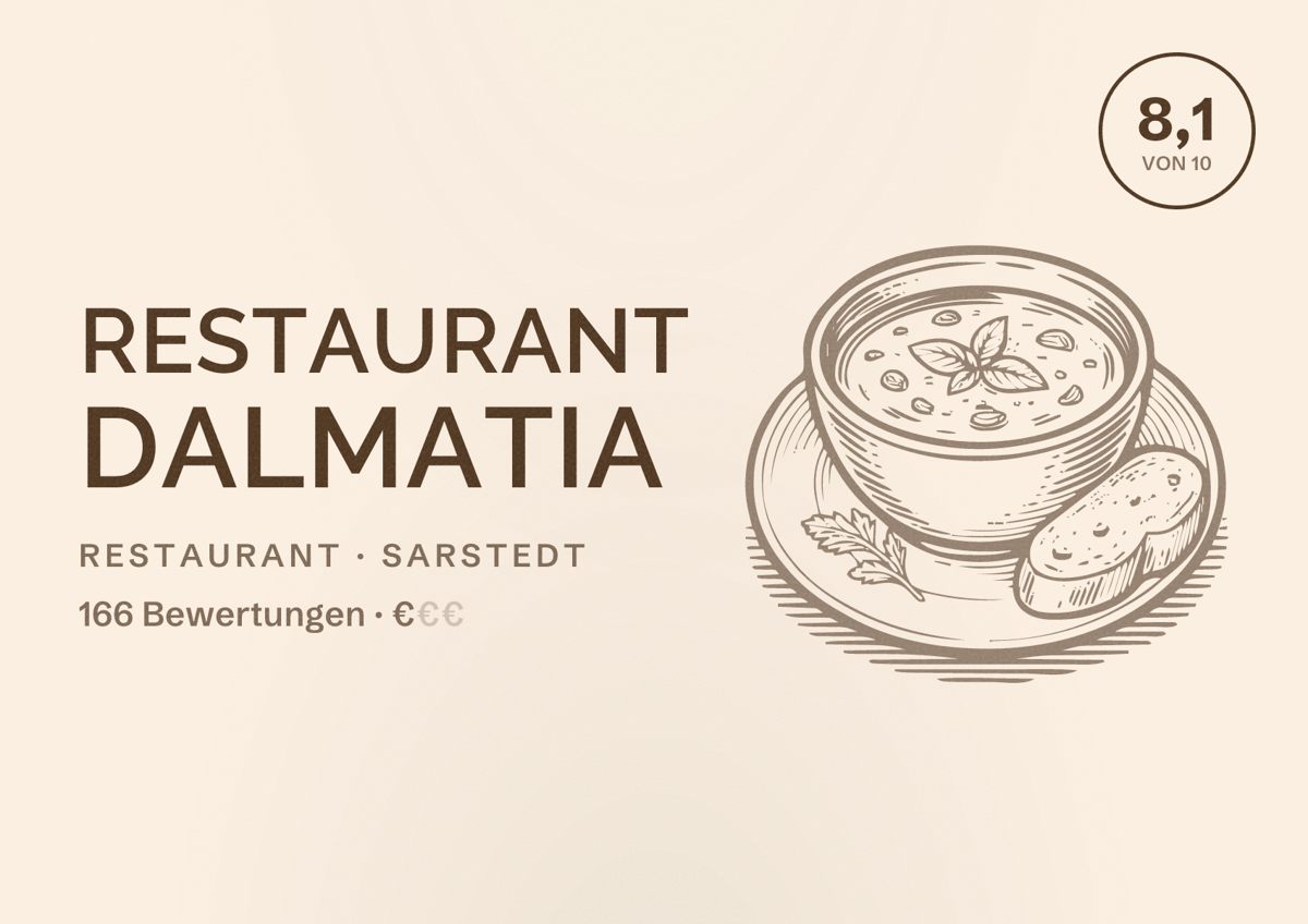 Illustriertes Poster von Restaurant Dalmatia, Restaurant in Sarstedt: Bewertung 8,1 von 10 aus 166 Bewertungen, Preisniveau €
