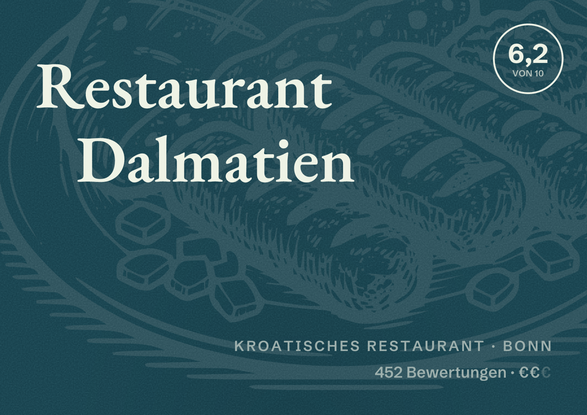 Illustriertes Poster von Restaurant Dalmatien, Kroatisches Restaurant in Bonn: Bewertung 6,2 von 10 aus 452 Bewertungen, Preisniveau €€