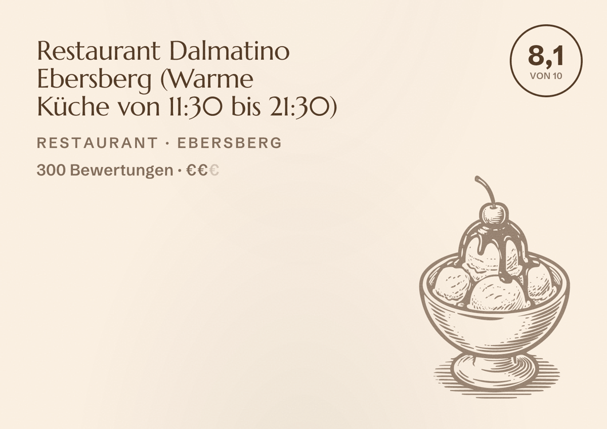 Illustriertes Poster von Restaurant Dalmatino Ebersberg (Warme Küche von 11:30 bis 21:30), Restaurant in Ebersberg: Bewertung 8,1 von 10 aus 300 Bewertungen, Preisniveau €€