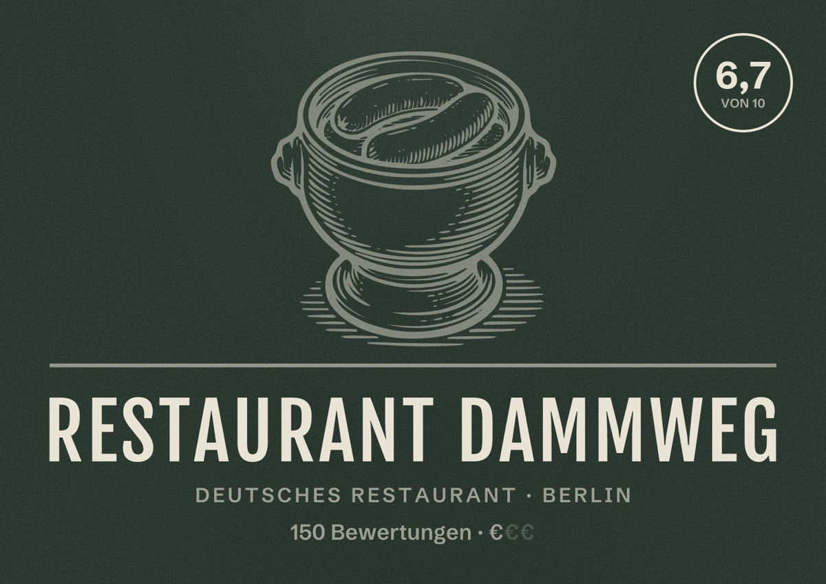 Illustriertes Poster von Restaurant Dammweg, Deutsches Restaurant in Berlin: Bewertung 6,7 von 10 aus 150 Bewertungen, Preisniveau €