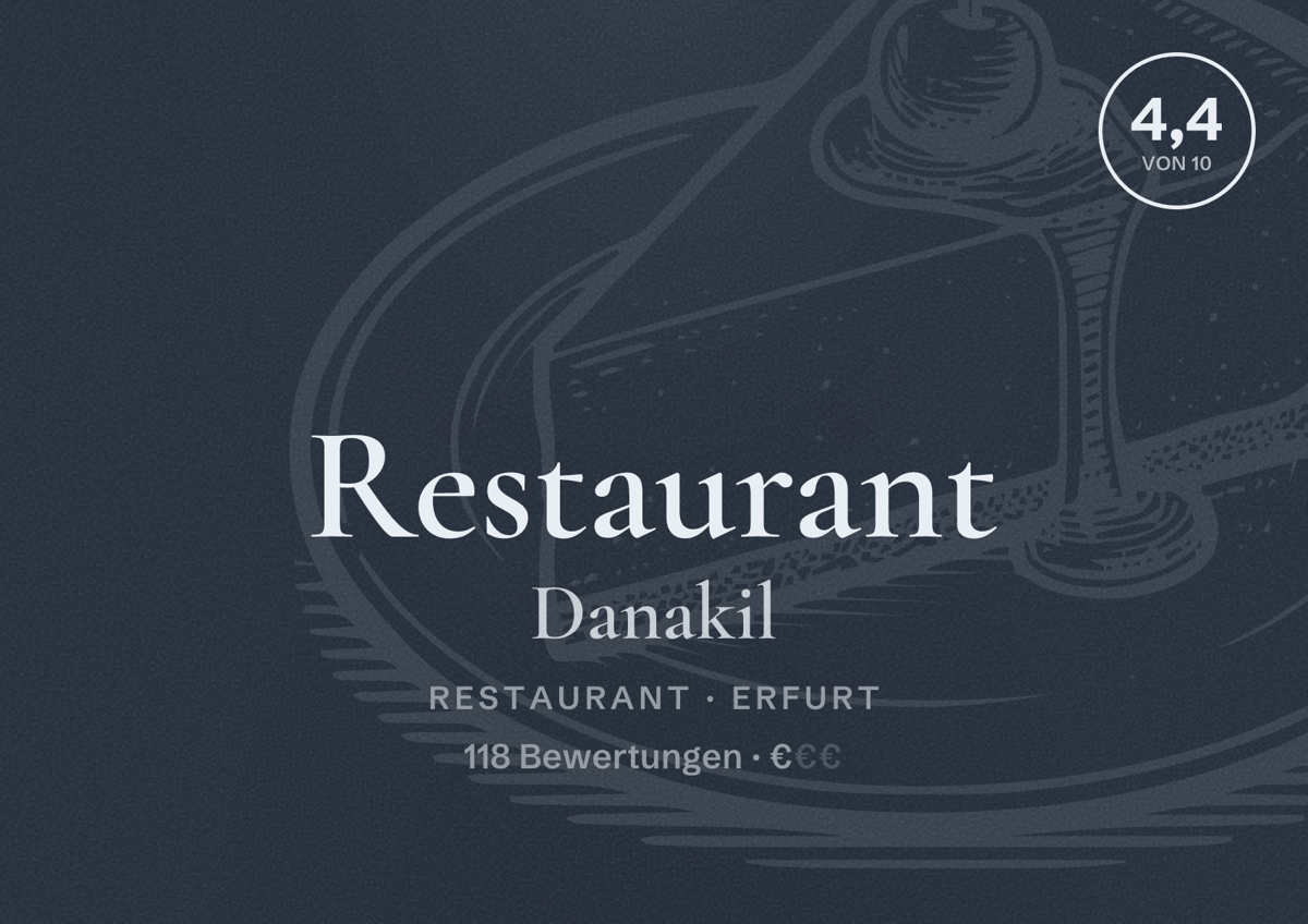 Illustriertes Poster von Restaurant Danakil, Restaurant in Erfurt: Bewertung 4,4 von 10 aus 118 Bewertungen, Preisniveau €